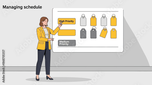 Woman managing schedule on a digital board with priority tags, business concept