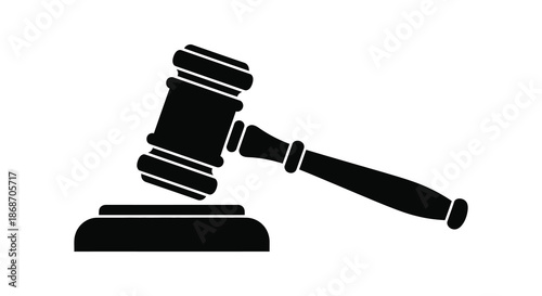 A striking black silhouette of a classic gavel resting on a sound block silhouette