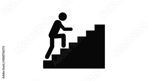 A simple black and white depiction of a person ascending a staircase representing progress and ambition silhouette