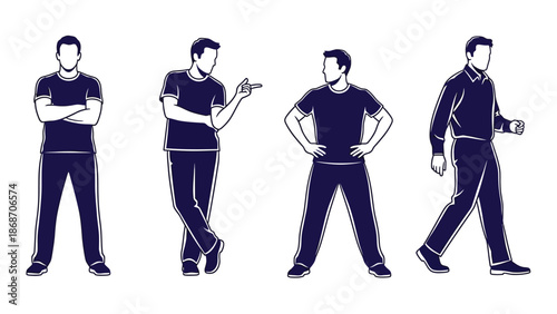 A series of illustrations depicting a man in various poses and gestures
