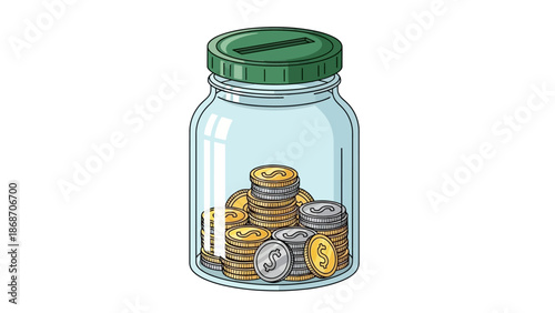 Concept illustration of a clear glass jar with a green lid, filled with gold and silver coins, representing personal savings, financial planning, wealth accumulation, and future economic stability
