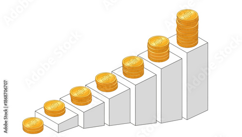 Visualizing financial growth and investment success through increasing stacks of golden coins on a rising bar chart, symbolizing wealth accumulation and prosperous future planning