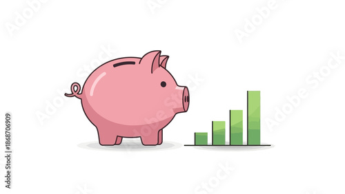 Financial growth and investment concept, depicted by a pink piggy bank next to a rising bar chart, symbolizing diligent savings, wealth accumulation, and future prosperity