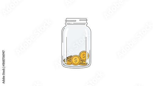 Illustrated depiction of golden dollar coins saved in a clear glass jar, representing financial planning, personal savings, and investment for future economic growth and wealth management