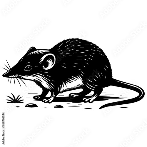 Black and white detailed vector illustration of a shrew in side view, with textured fur, whiskers and a long tail, standing on the ground, isolated on a white background.