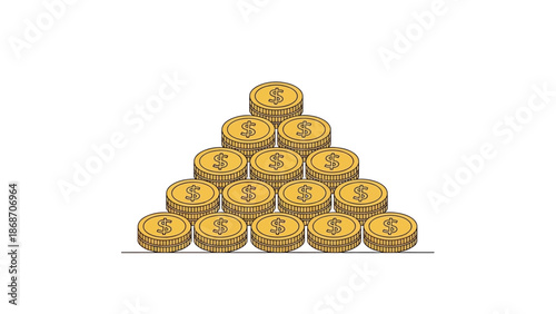 Stack of sparkling golden coins with dollar signs, forming a pyramid and symbolizing financial growth, successful investment, wealth accumulation, and future prosperity