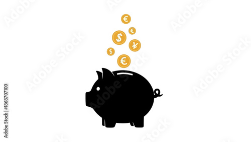 Visual concept of financial growth global currency symbols (dollar, euro, yen) entering a black piggy bank, representing smart savings, investment, and wealth accumulation