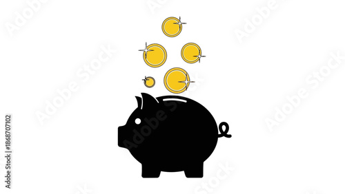 Clear visual metaphor for financial growth and money saving, featuring shiny golden coins falling into a black piggy bank, representing investment, economy, and future planning