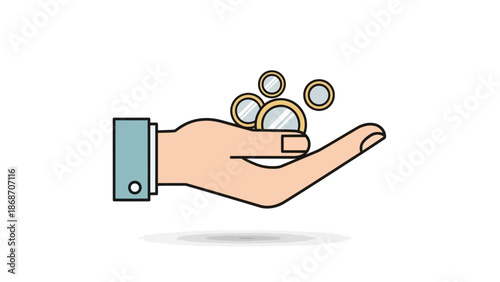 Illustrated vector icon of a human hand giving or receiving money, symbolizing financial transactions, payments, or charitable donations and savings
