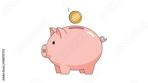 Financial savings concept illustration with a golden coin gracefully dropping into a classic pink piggy bank, symbolizing wise investment, future security, and wealth accumulation
