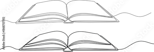 Elegant monochrome line art illustration of open books, embodying the expansive journey of knowledge, the continuous flow of learning, and the profound essence of literature