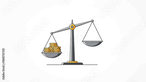 Balance scale with gold coins illustrating financial imbalance. Symbolizes wealth disparity, economic inequality, and the power of money