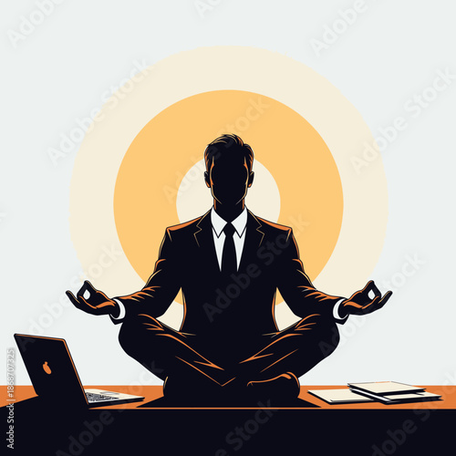 Businessman Meditating at Office Desk.