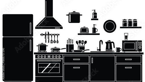 A black and white illustration of a modern kitchen with various appliances