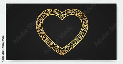 Luxury Gold Foil Heart Border on Black Background, Premium Romantic Vector Design