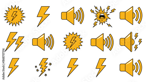 A collection of vibrant orange sound and electricity icons on a white background