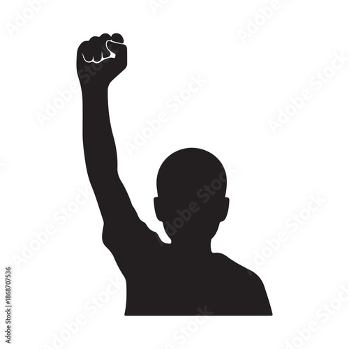 Silhouette of a person raising their fist in the air symbolizing strength and determination