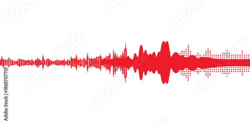 A medical digital heart beat on white backdrop features a red pulse waveform and blue electronic equalizer line in this vector illustration of a heart beat on ecg design