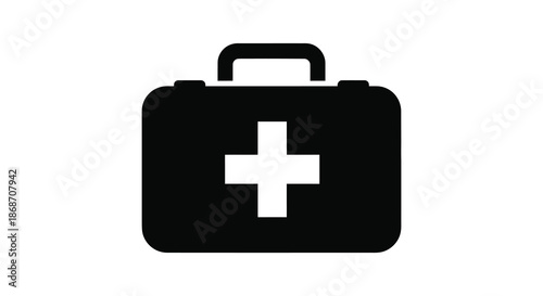 A simple black medical kit icon with a white cross displayed on its front silhouette