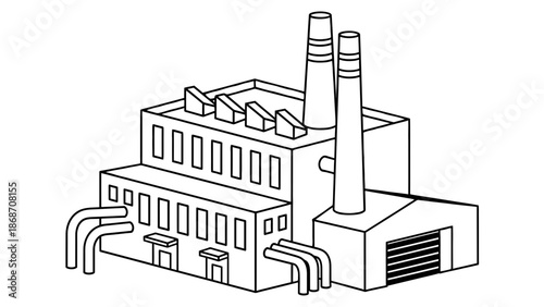 An industrial factory with smokestacks and pipes on a white background