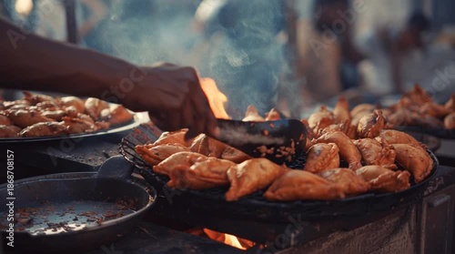 Traditional street food samosas frying on open fire, crispy golden pastries at outdoor market, authentic local snack preparation with smoke and flames