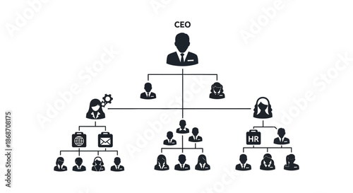 a visual representation of a corporate organizational chart with figures in a dark silhouette