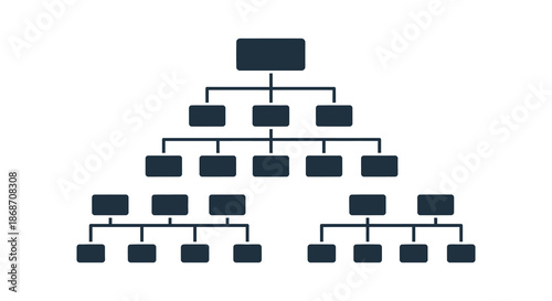 A dark geometric depiction of a pyramid shaped hierarchy with branching levels appearing as a silhouette