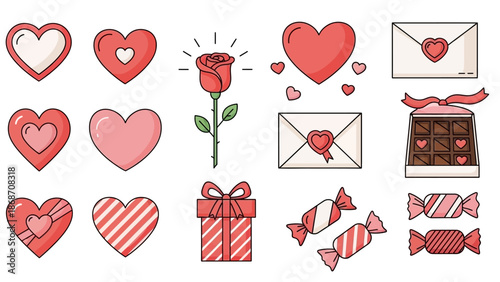 Fényképezés Valentines Day Heart Rose Candy Gift Icons.