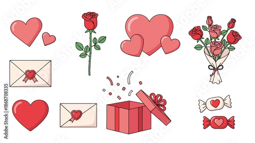 Valentines Day Heart Rose Gift Icons.