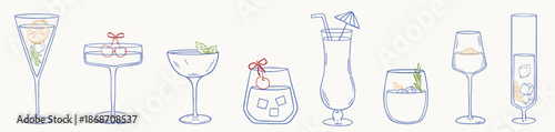 Collection of hand drawn vector illustrations of drinks and cocktails in different glasses with ice cubes garnishes, citrus, herbs,cherry,olives, in doodle ink sketch style for wedding or party menu.