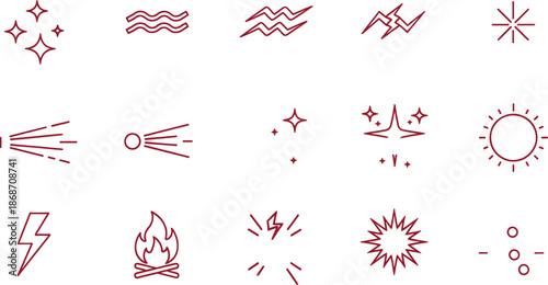 A collection of minimalist line icons representing natural elements and energy effects