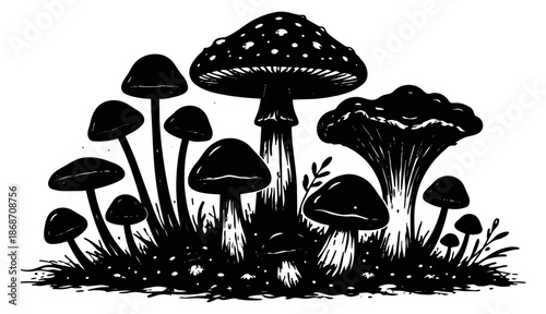 Hand drawn line art mushroom set featuring various types of fungi on grassy ground for nature and autumnal designs