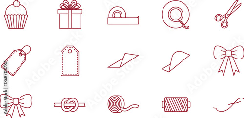 Collection of line art icons related to gift wrapping, celebrations, and crafting tools