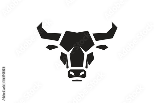 Minimalist bull head logo, strong and powerful bull silhouette facing side, sharp horns, bold black color, clean vector logo design, modern branding style, white background.