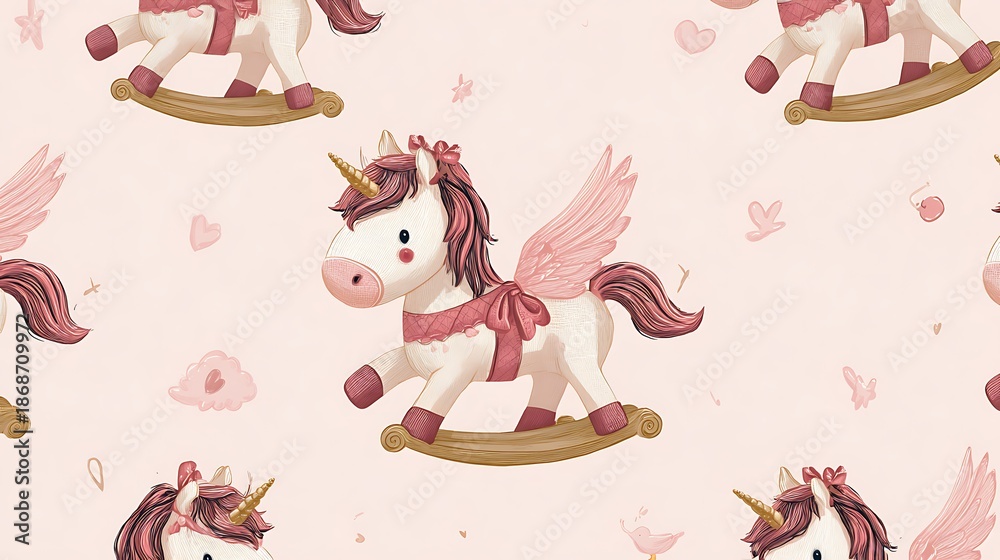 Obraz premium A whimsical pattern featuring cartoon unicorns with wings and bows on rocking horses