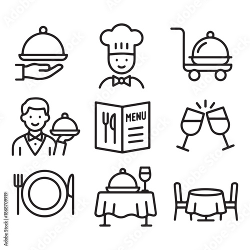 Catering line icon set vector. Catering service, food, delivery of ready meals, guest service, menu for event, banquet vector
