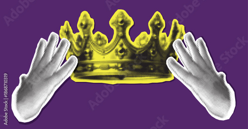 Halftone vector cut out hands holding a crown trendy illustration