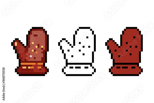 Pixel art asset featuring three versions of a kitchen oven mitt cooking glove, Perfect for cooking simulators, interior decoration games, and RPG home icons.