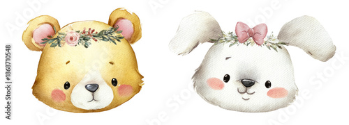 Cute animal illustrations featuring a bear and bunny with transparent background for kids decor