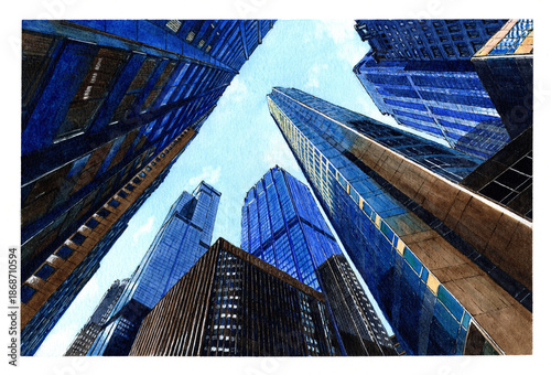 Ink and watercolor sketch of skyscrapers going upwards