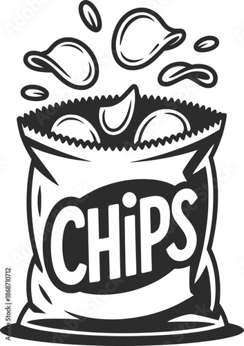Potato Chips Bag Line Art Illustration, Crispy Snack Food Vector.