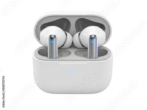 White wireless earbuds in charging case isolated on transparent background