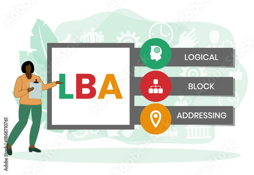 LBA - Logical Block Addressing acronym. business concept background. vector illustration concept with keywords and icons. illustration with icons for web banner, flyer