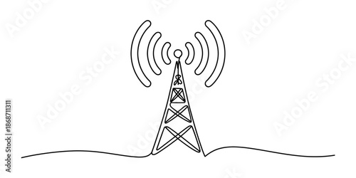 Simple continuous line art illustration of a radio tower sending out signals Vector, illustration