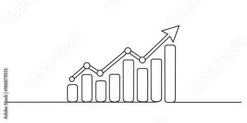 One continuous line drawing of a bar chart and line graph illustrating upward trend and business growth Vector, illustration