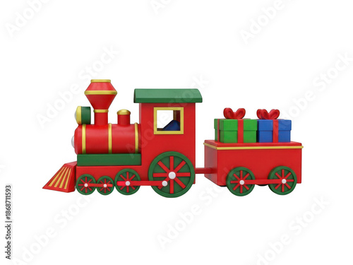 Christmas toy train with gift boxes isolated on transparent background