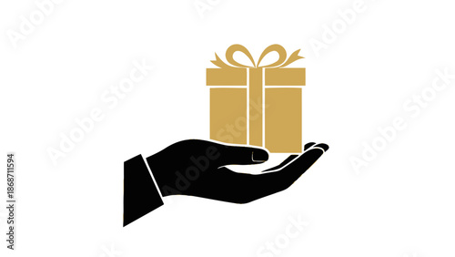 Hand Giving Golden Gift Box Isolated on White Background