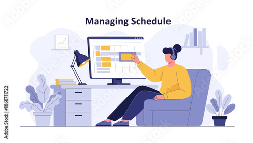 Woman managing schedule on computer screen, planning work tasks and appointments efficiently.