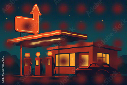 Vintage 1950s Gas Station Illustration with Glowing Shapes and Halftone Retro Style