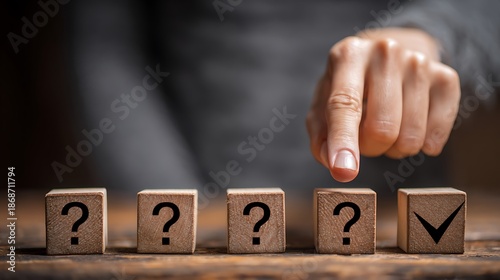 A hand pointing at a correct answer from a row of question mark blocks